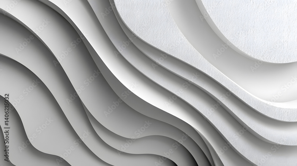 Poster a minimalist abstract design featuring flowing white wavy lines and soft shadows with depth.