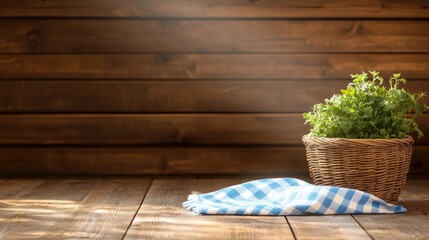 Fresh herbs in basket with checkered cloth on wooden table background