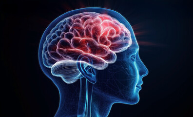 Obraz premium Human brain illustration showcasing neural activity and cognitive functions in a side profile view, representing the concept of brain health and neuroscience