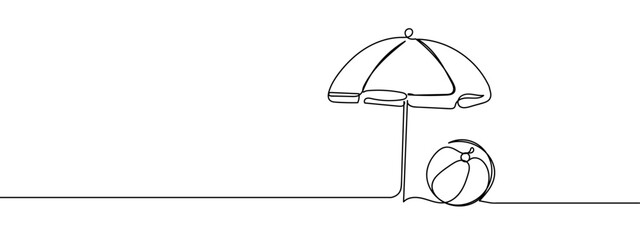 Beach umbrella and ball, continuous line vector illustration with background editable stroke.