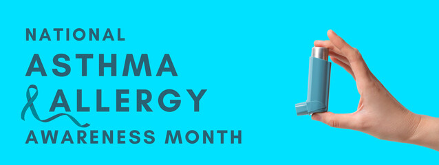 Asthma and Allergy awareness month, A hand holds an inhaler against a bright teal backdrop to raise...