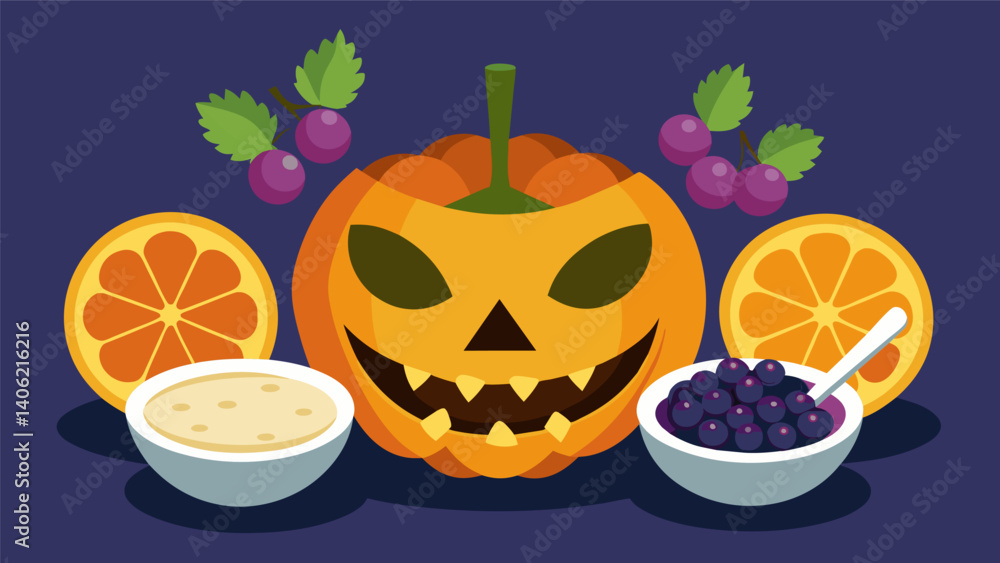 Poster a jackolantern face made out of orange slices topped with an assortment of fruit skewers and a spook