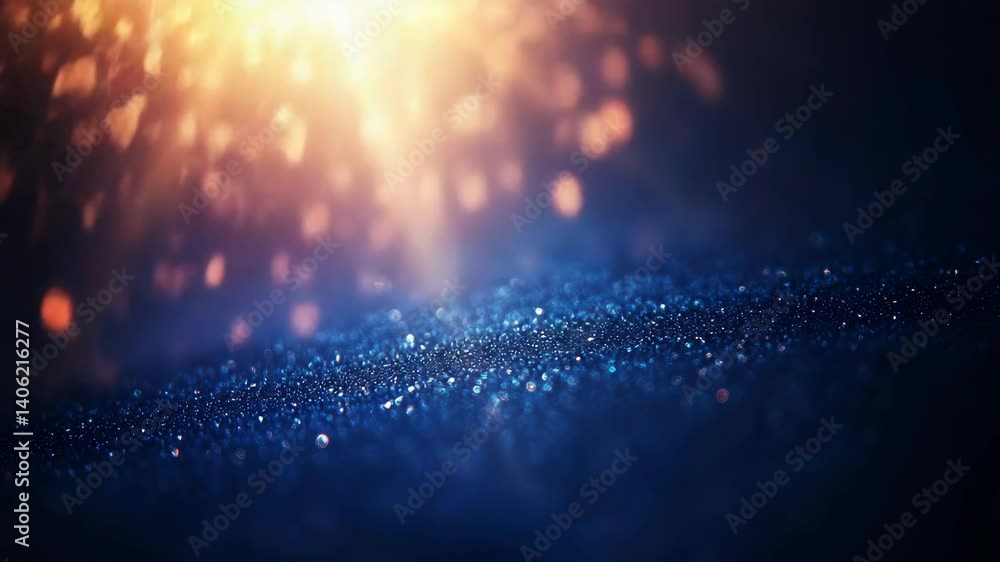 Poster sparkling surface with sun rays in deep blues and vibrant golds in an abstract design.
