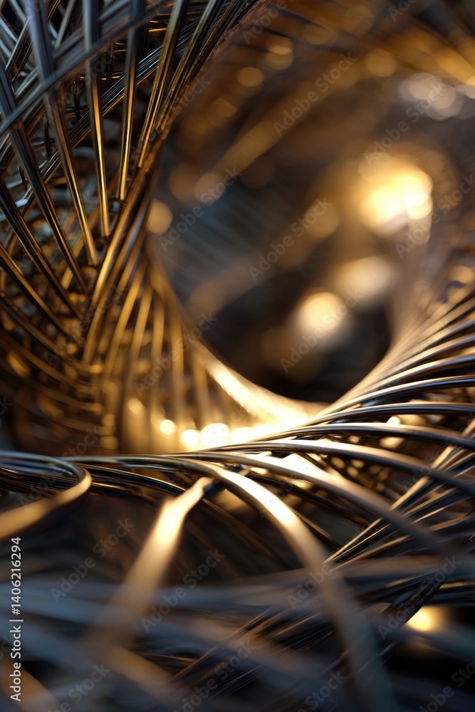 Poster an intricate perspective of metallic spirals in motion, highlighting their complex structure.