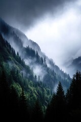 Beyond the mountain crest, a veil of mist covers the heavens, setting a somber tone.