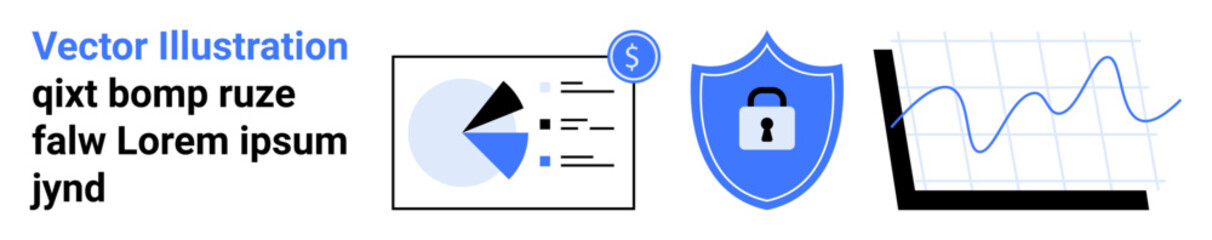 Pie chart, shield with a lock, and line graph convey analytics, security, performance, and growth. Ideal for finance, marketing, technology security strategy analytics simple landing page