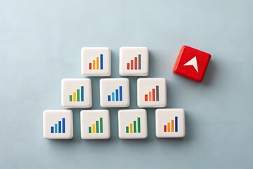 Obraz premium Business Growth Strategy: A visual metaphor for business growth, depicted by colorful blocks forming a pyramid, culminating in a single red arrow pointing upwards.