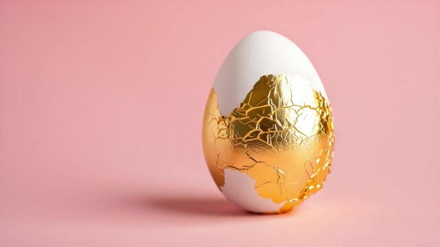 Artistic Egg Design Cracked White Base with Gold Foil Decoration on Soft Pink Background, Showcasing Elegance and Creativity in Every Detail