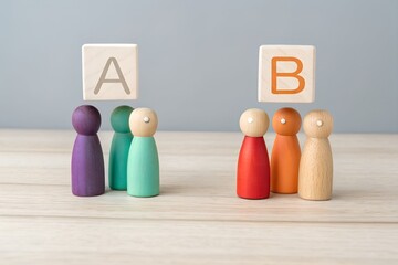 Choice and Comparison: Two groups of small wooden figurines represent distinct choices, with "A" and "B" labels indicating the options and the concept of decision-making.