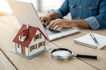 Fototapeta premium Real Estate Search: A man diligently searching for a new home, the image shows a laptop, a miniature house, and a magnifying glass, capturing the meticulous search for a dream home. 
