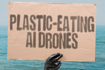 "Plastic-Eating AI Drones" on worn cardboard. Highlights UAVs deploying enzyme sprays to break down ocean microplastics. GMO. POLLUTION. NANITE. SPILLS. BIODEGRADABLE. APOCALYPSE. UNINTENDED