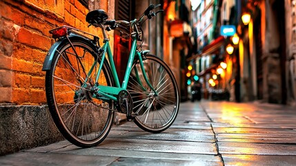 Obraz premium Evening Bicycle Ride in Cobblestone Street
