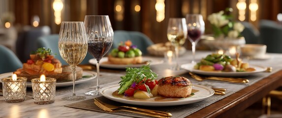 Elegant dinner setting with gourmet meals, wine glasses, and candles