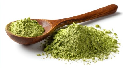 Matcha green powder pile, tea in wooden spoon isolated on white background, side view 