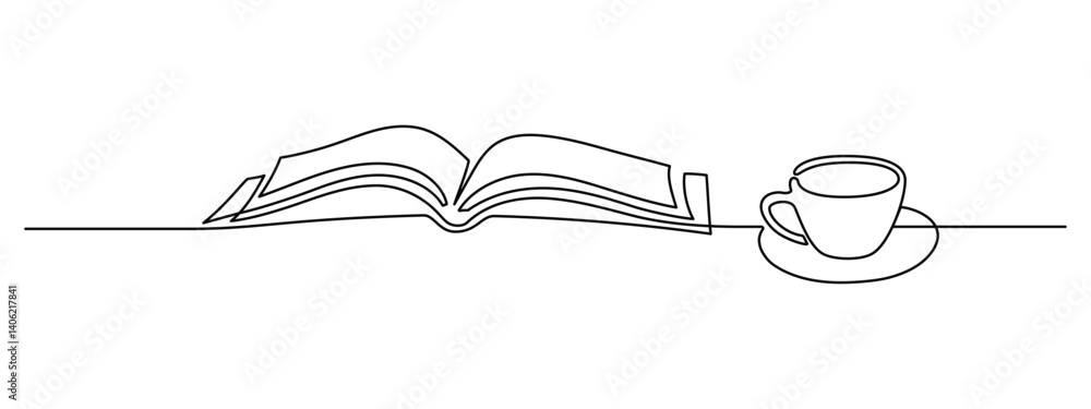 Leinwandbilder opened book and cup of coffee in one continuous line drawing. writing in diary and knowledge library