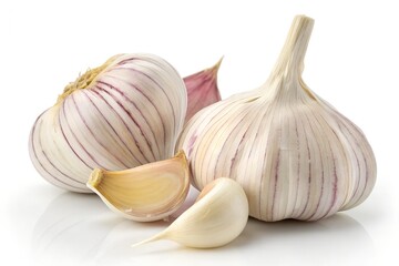 Obraz premium Garlic still life: A close-up image captures a selection of fresh garlic bulbs and cloves, displaying the natural textures and vibrant colors of this culinary staple.