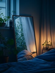 The mirror shadow of the bedroom under the moonlight