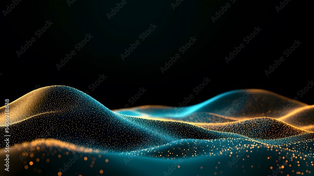 Poster the image contains an abstract rendering of undulating, luminous particles in teal and gold, set aga