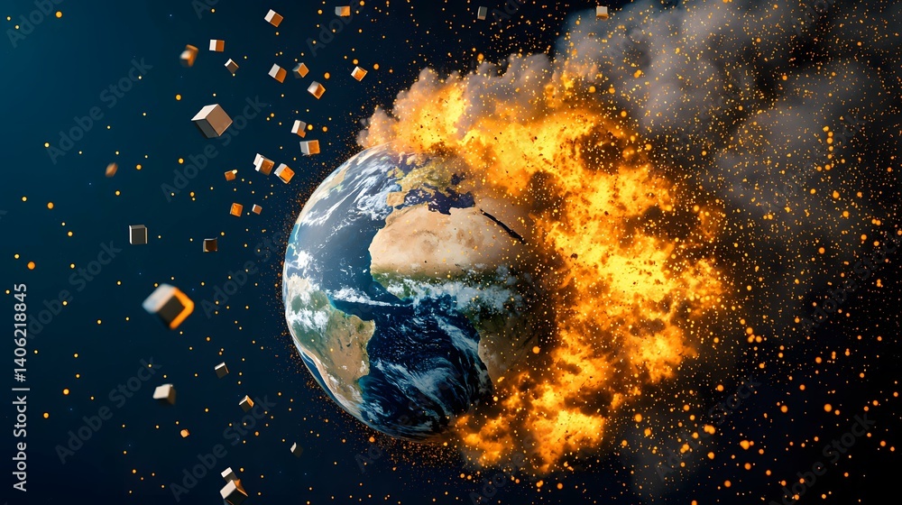 Poster the image depicts a fiery explosion engulfing a portion of planet earth, with numerous small, cube-s