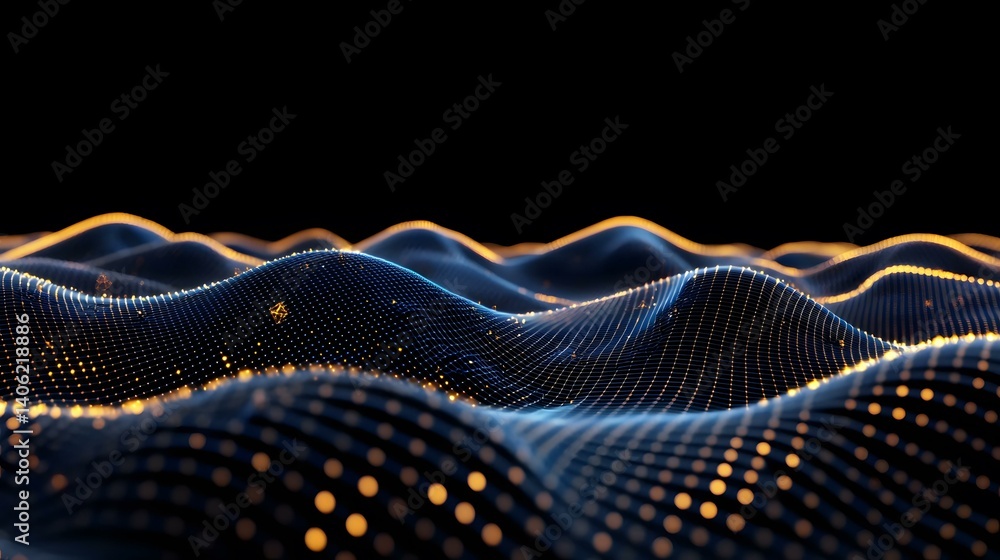 Poster the image shows a dark, abstract landscape of undulating waves composed of a grid-like network of po