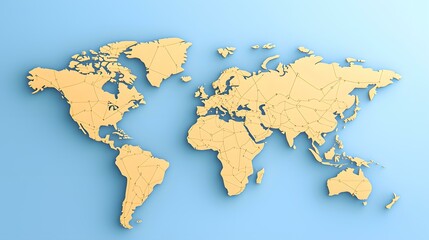 Obraz premium A pale yellow, three-dimensional world map is displayed against a light blue background, with connecting lines suggesting global networks.