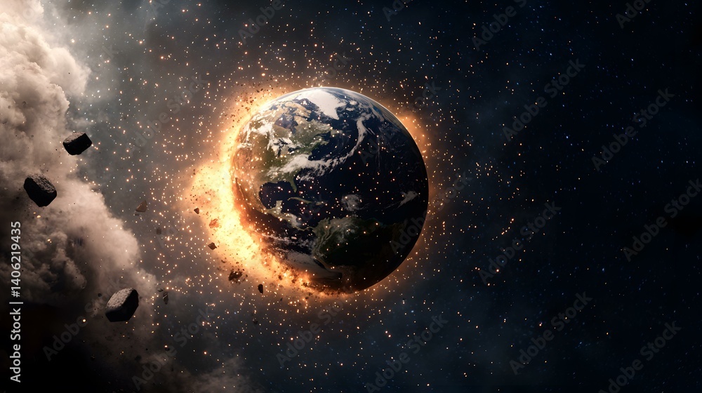 Poster the image shows a digital rendering of planet earth being bombarded by space debris and engulfed in 