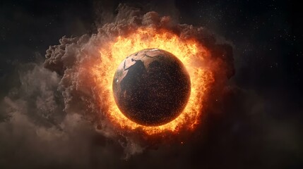 Naklejka premium A digital rendering depicts planet Earth engulfed in a fiery ring of intense flames and surrounded by dark, smoky clouds against a star-filled black background.