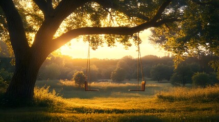 Swing under the old tree basking in the sunset glow