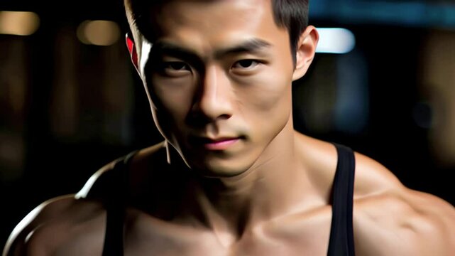 筋肉ムキムキの若いアジア人男性のバストショット