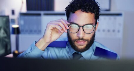 Computer, eye strain and surveillance with man in control room for for monitoring, safety or security. CCTV, fatigue and vision with police officer at government headquarters for law enforcement