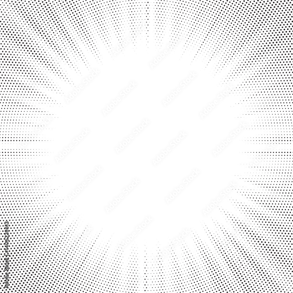 Poster Halftone gradient sun rays pattern. abstract halftone vector dots background. monochrome dots pattern. pop art, comic small dots. star rays halftone poster. shine, explosion. sunrise rays background.
