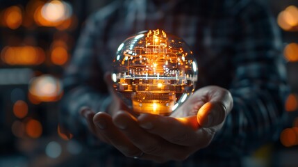 Inventors hand holding a futuristic device, innovation, imaginative creation