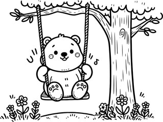 Bear Cub Swinging in the Trees. Coloring Book Page. Cartoon Illustration.