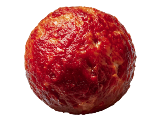 A perfectly round, glazed meatball, glistening with savory sauce.  Ideal for food blogs, recipe websites, or restaurant menus showcasing delicious, home-style cooking.