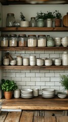 Rustic Kitchen Shelves with Glass Jars, Ceramics, and Greenery on a Wood Countertop, Against White Tile.