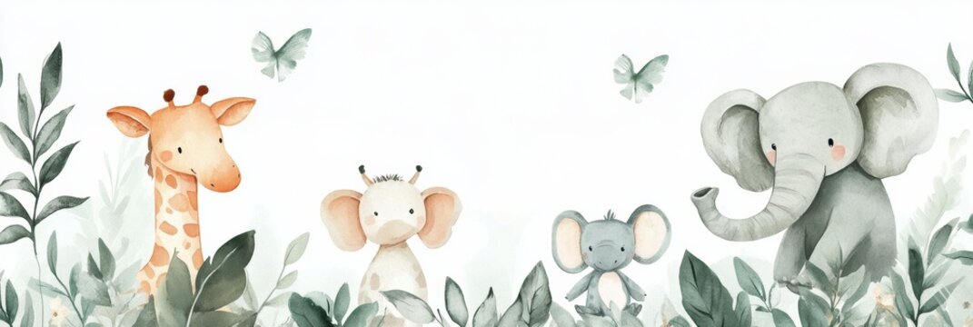 Soft watercolor jungle animals create a serene atmosphere in a minimal Lapki baby theme nursery design