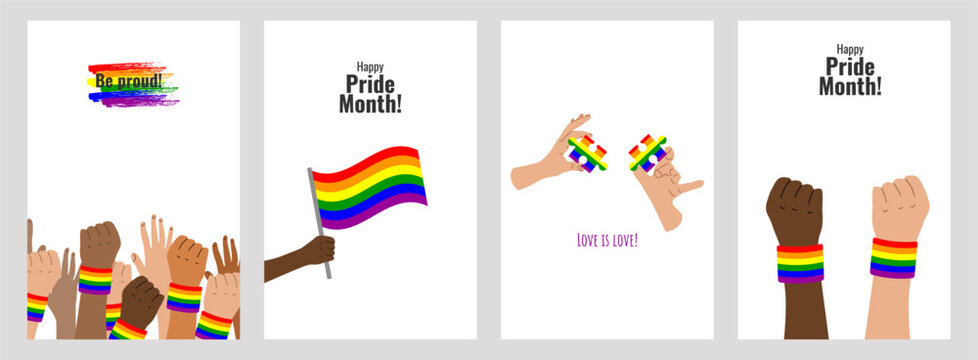 LGBT Pride Month set of colorful poster. Hand puzzle flag. Symbol LGBT pride community. Rainbow elements. Banner design cover magazine, layout, brochure, flyer. Vector illustration.