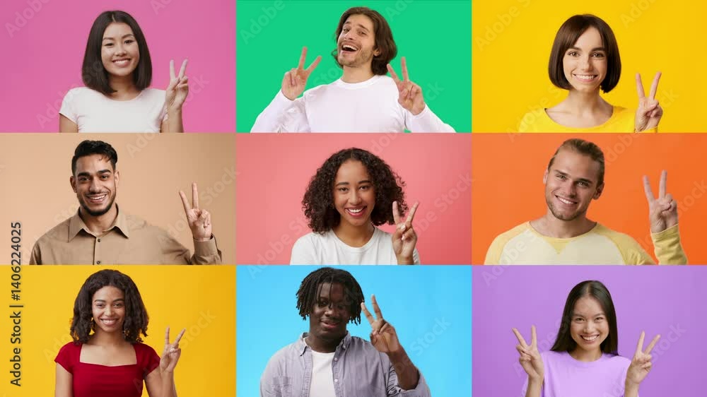 Poster a dynamic collage showcases a diverse group of cheerful individuals joyfully posing with v gestures.