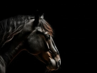 Black stallion emerging from darkness, horse portrait photography