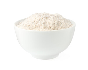 Brown rice flour in bowl isolated on white