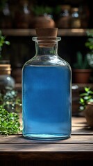 Blue liquid in a clear bottle with cork, sits on a wooden table surrounded by plants