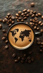 A black coffee cup sits against a rustic wooden surface, showcasing a beautifully detailed world map design formed by the coffee's crema. Surrounding the cup is a scattering of roasted coffee beans