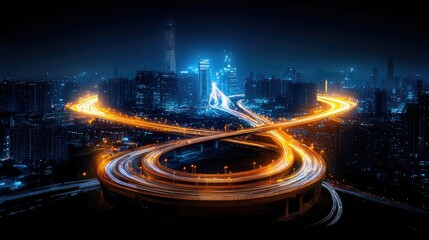 Fototapeta premium Night Cityscape: Elevated Highway Interchange at Night with Dynamic City Lights