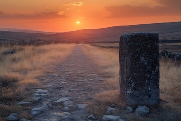The ancient stone monument in the sunset glow