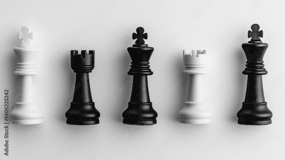 Poster top-down view of chess pieces arranged on a clean white board with contrasting black and white color