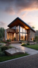 Modern, eco-friendly house design with large windows and stone facade
