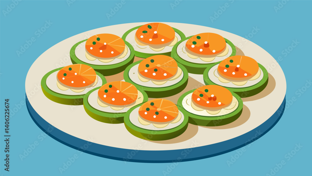 Poster a platter of delicate cucumber rounds topped with smoked salmon dill cream cheese and capers.. vecto