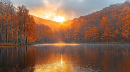 Autumn Sunrise Over Misty Lake