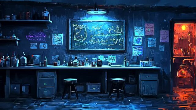 Nighttime bar, stormy backdrop, laboratory setting, mysterious