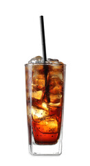 Glass of cola with ice cubes isolated on white